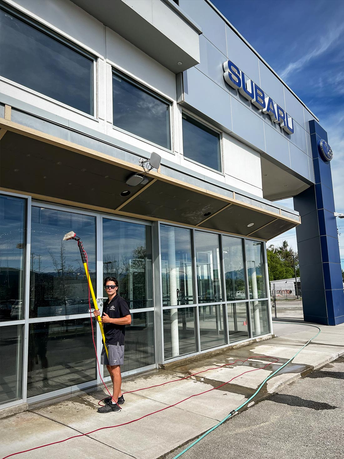 Window cleaning Subaru Dealership with specialized gear